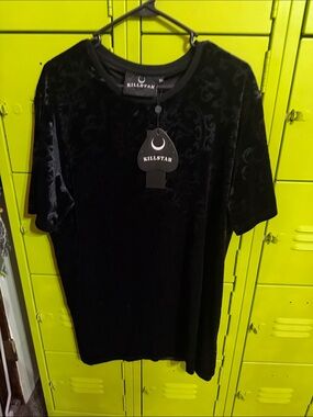 Killstar Black Velvet Short Sleeve Tee with Embossed Gothic Motif
